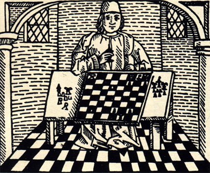 Две гравюры из книги о шахматах Кекстона (1474 год), являющейся одним из самых старых печатных произведений Англии: монах, решающий шахматную задачу (налево), и король с епископом за шахматной доской