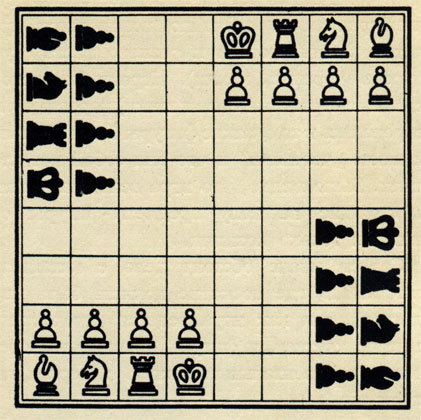 Древнеиндийские шахматы или чатранг, игра четырех человек. На рисунке - первоначальная расстановка фигур. Комплект слева внизу - красного цвета, слева вверху - черного, справа вверху - желтого и справа внизу - зеленого цвета. Желтые и красные играют против зеленых и черных