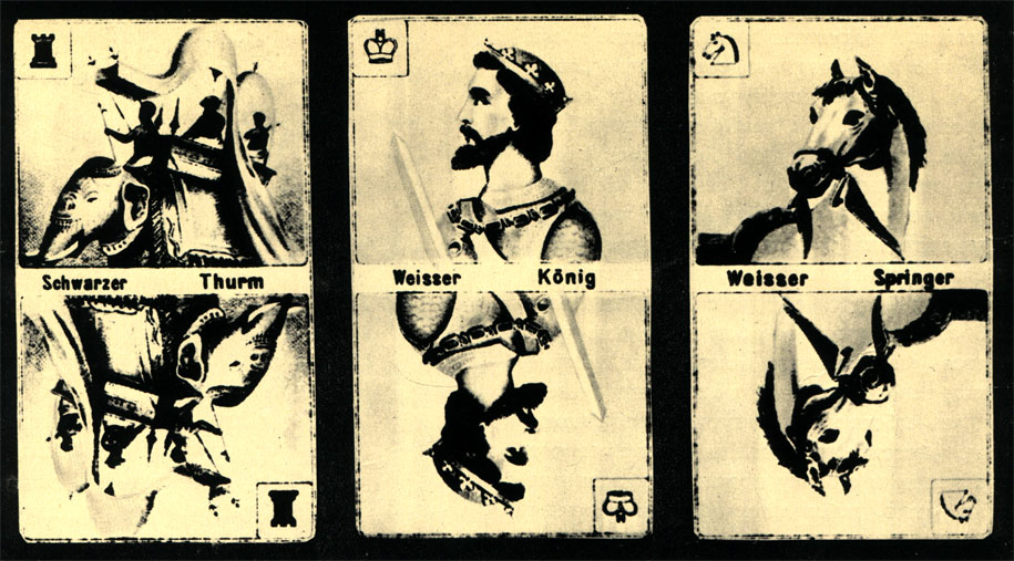 Попытка объединить карты с шахматами возникла в Германии в конце прошлого столетия. Эта игра называлась 'шахетт'. Карты были только двух мастей, белой и черной, фигуры в колоде были изображены в виде шахматных фигур, остальные карты - в виде пешек (от 1 до 8). Карты: черная тура, белый король и белый конь