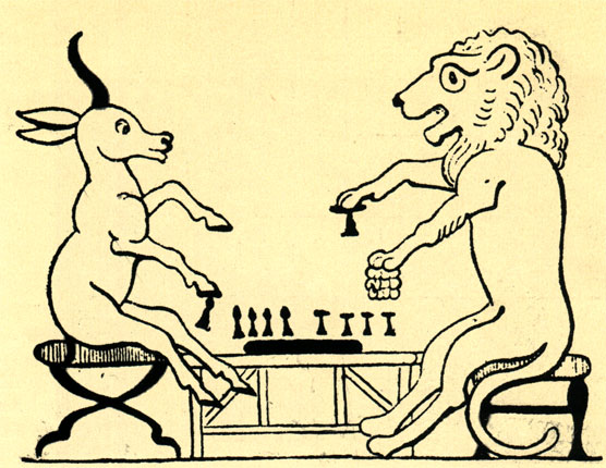 Египетская карикатура XIII в. до н.э. Лев, играющий в шашки с антилопой, это - жадный на деньги фараон Рамзес III, обыгрывавший в шашки придворных