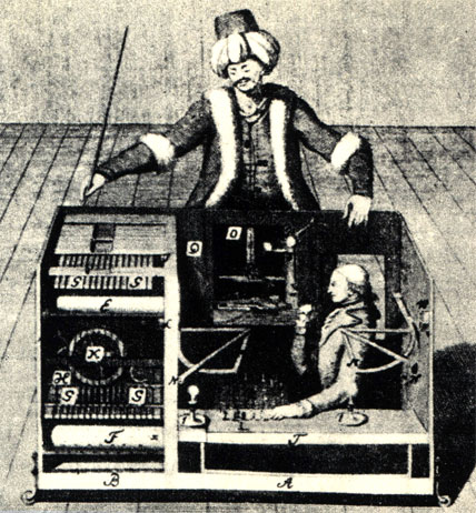 Автомат Кемпелена в рисунках середины прошлого столетия, т.е. уже после раскрытия секрета действия механизма. Впечатление пустоты достигалось системой перегородок и зеркал... (налево) - в то время как в ящике сидел живой человек (направо)