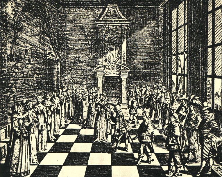 Придворная игра 'живые шахматы' по образцу развлечения, описанного в книге 'Полифилова гипнэротомахия' (битва Сна и Эрота). Французский офорт 1640 г.