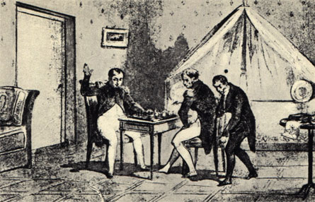 'Король пал'. Наполеон играет в шахматы на острове св. Елены. Рисунок неизвестного французского художника прошлого столетия