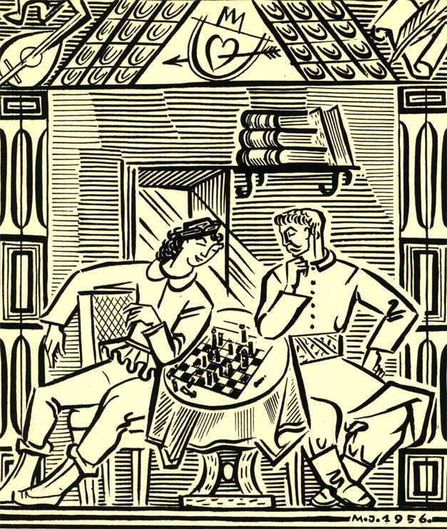 Польский поэт XVI в. Ян Кохановски играет в шахматы с итальянцем Энеем Ветелло. Иллюстрация В. Юргелевича к роману М. Яструна 'Поэт и придворный'