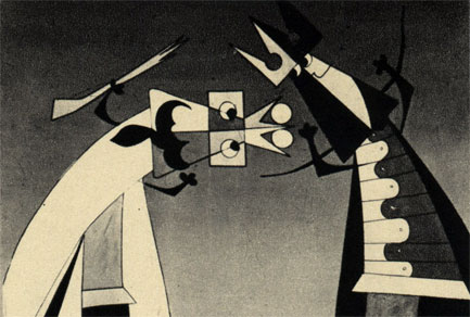 Два кадра из польского мультфильма 'Турнир'. Налево: белая пешка, счастливый обожатель дамы, из-за расположения которой ведут неустанное сражение Белый и Черный короли (направо)
