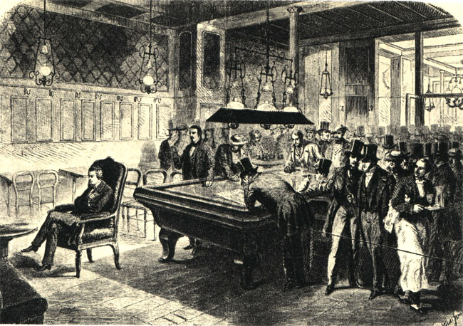 Морфи во время сеанса одновременной игры 'вслепую' на восьми досках в парижском Кафе де ля Режанс. Современная гравюра