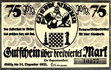 Одна сторона денежного знака с шахматным орнаментом, выпущенного в немецкой деревне Штребек в период инфляции 1921 года