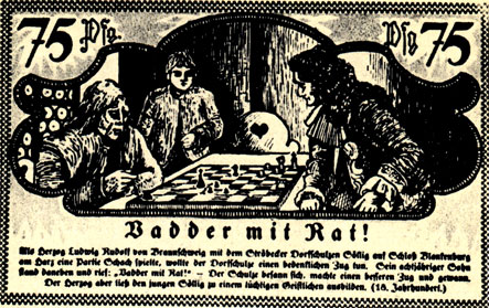 Другая сторона денежного знака с шахматным орнаментом, выпущенного в немецкой деревне Штребек в период инфляции 1921 года