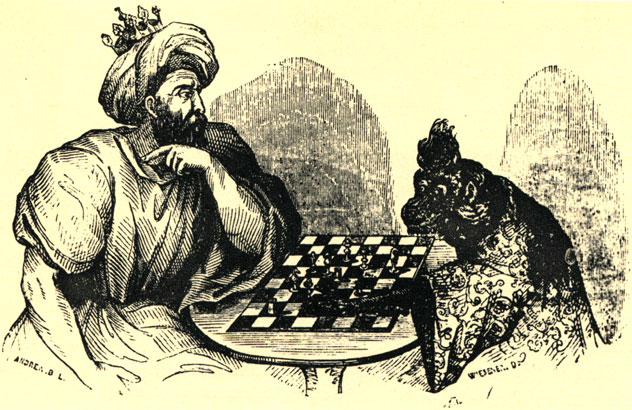 Принц, превращенный колдуном в обезьяну, играет в шахматы с султаном. Иллюстрация к французскому изданию 'Сказок тысячи и одной ночи' (1860 год)