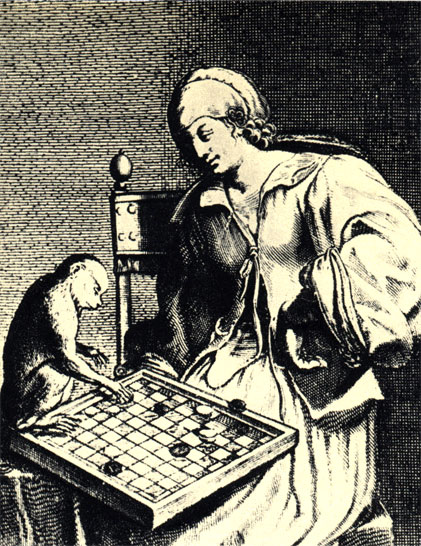 Обезьяна, играющая в шахматы и шашки. Французская гравюра XVII в.