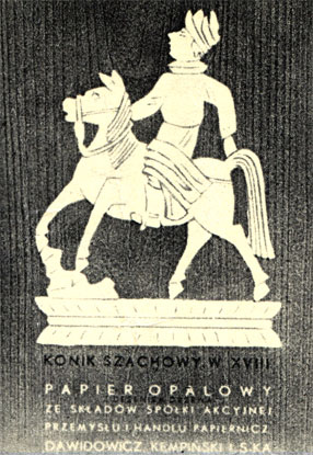 Польский довоенный рекламный анонс бумажной фабрики с изображением шахматного коня XVIII в.