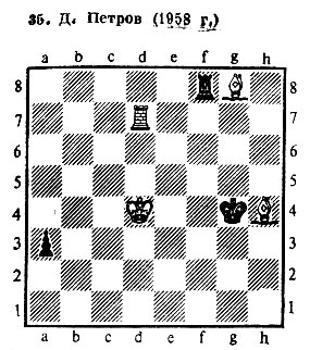 35. Д. Петров (1958 г.) 1. Лd8 a2! 2, C:a2 Лf4+ 3. Kp e3 Лa4 4. Cb3 Лb4 5. Лd4+! Л:d4 6. Ce7!! Лf4 7. Ce6+ и выигрывают